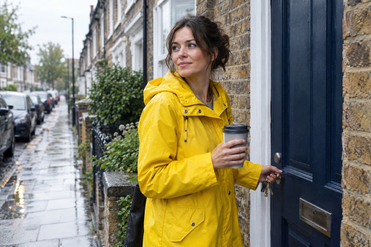 A woman in her thirties in a yellow raincoat pauses at a navy front door on a wet, bright morning, keys in one hand and a reusable coffee cup in the other, a terraced street behind her.