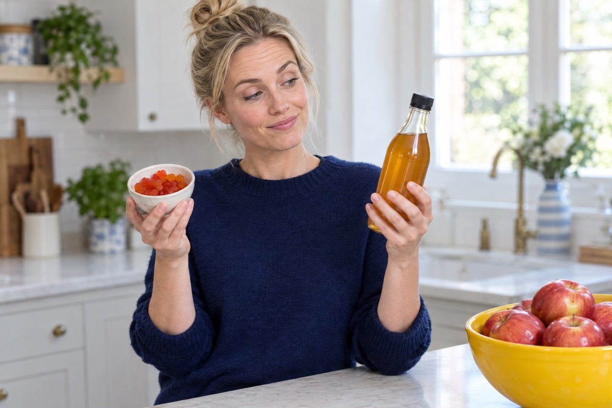 A woman in a navy jumper looks sceptically between a bowl of gummies and a bottle of vinegar, with a yellow bowl of red apples on the kitchen island