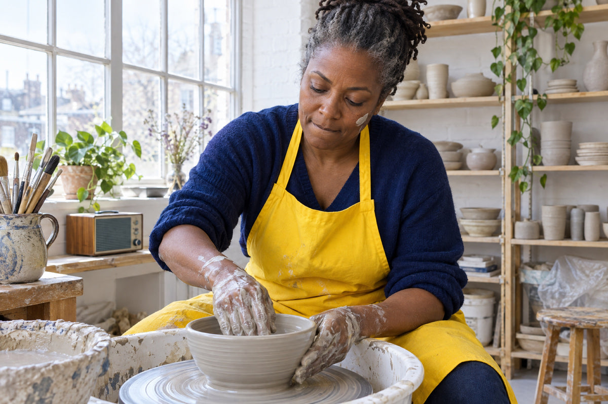 A woman in a yellow apron shapes a bowl at a pottery wheel in a sunlit studio.