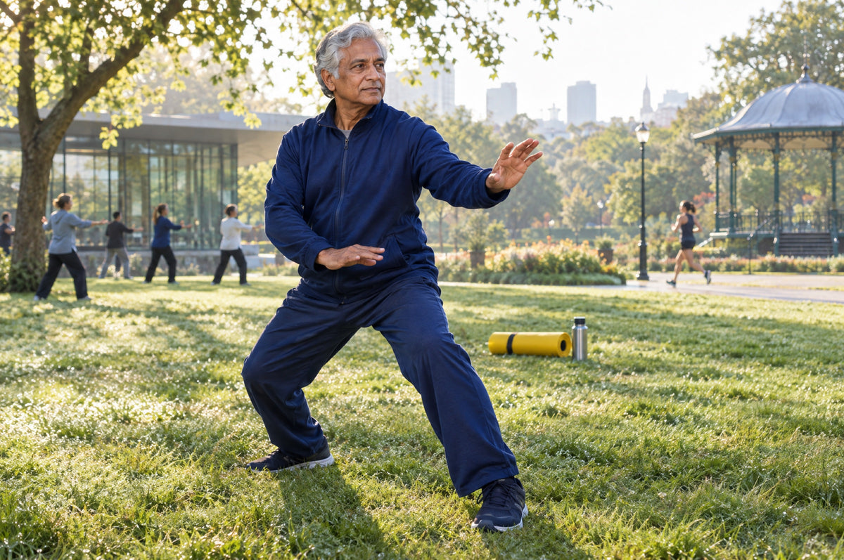 An older man practises tai chi on a sunlit park lawn with a yellow mat rolled up behind him.