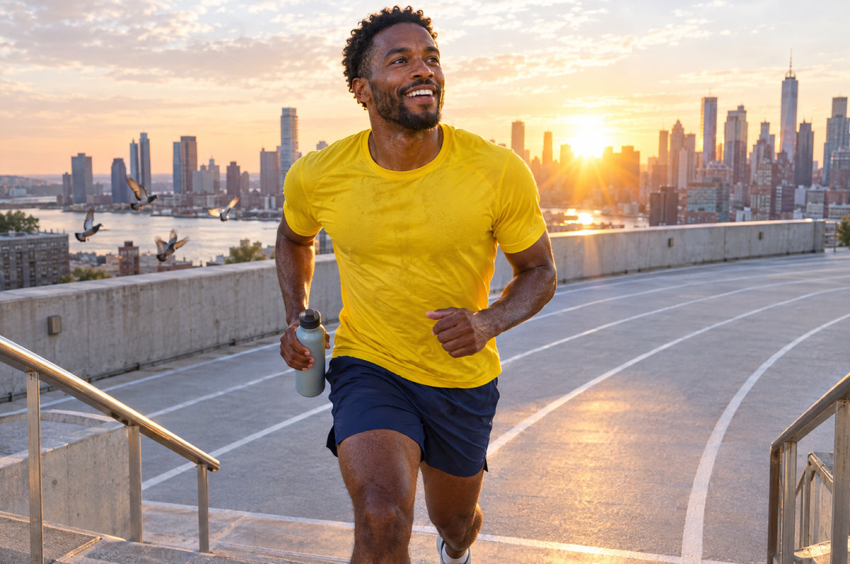 A man in a yellow t-shirt runs up steps onto a rooftop track at sunrise.