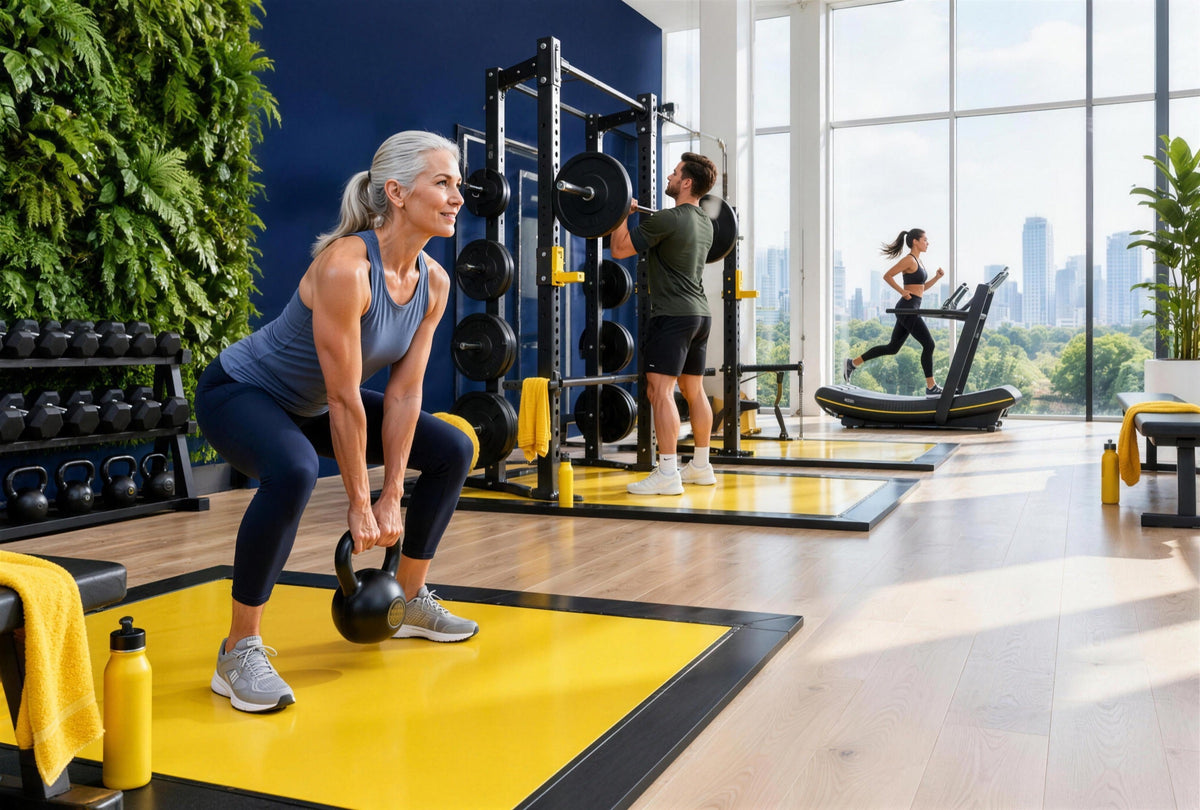 Three people of different ages training in a bright modern gym with a navy wall and yellow lifting platforms.