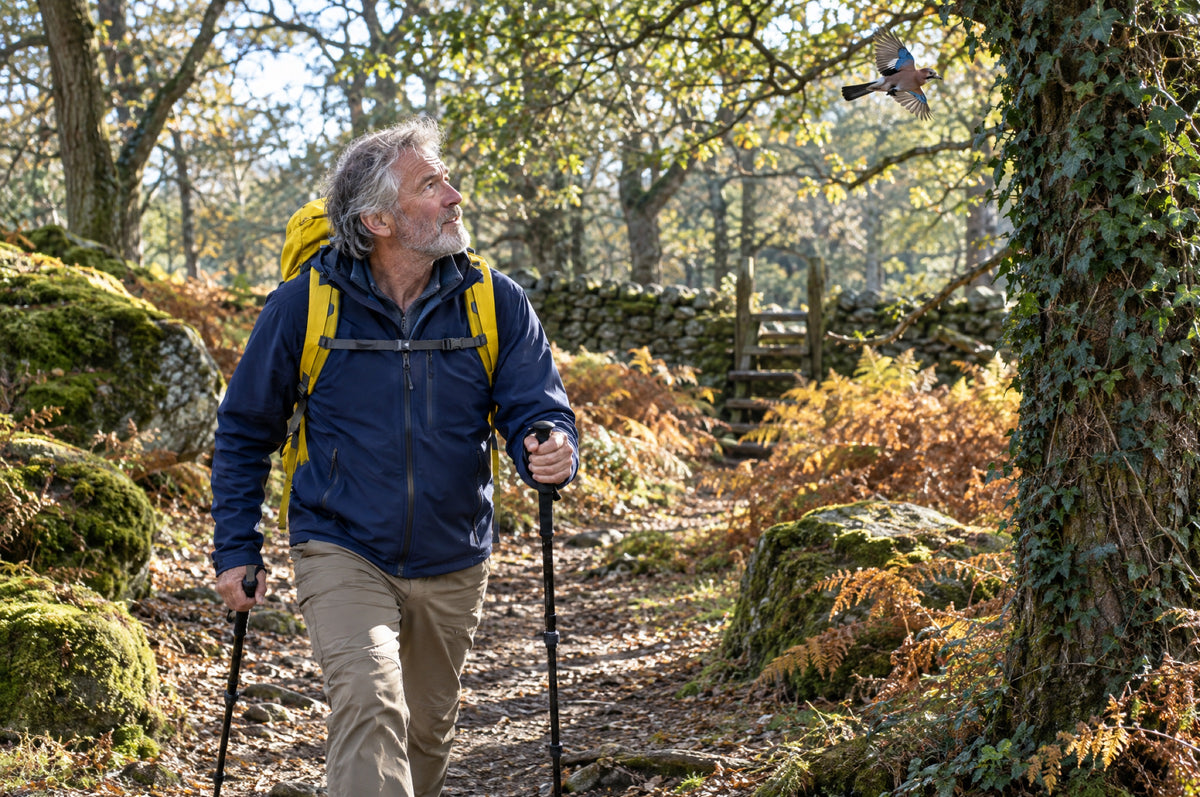 A bearded older man with a walking pole and a yellow backpack hikes an oak woodland trail in sunlight.