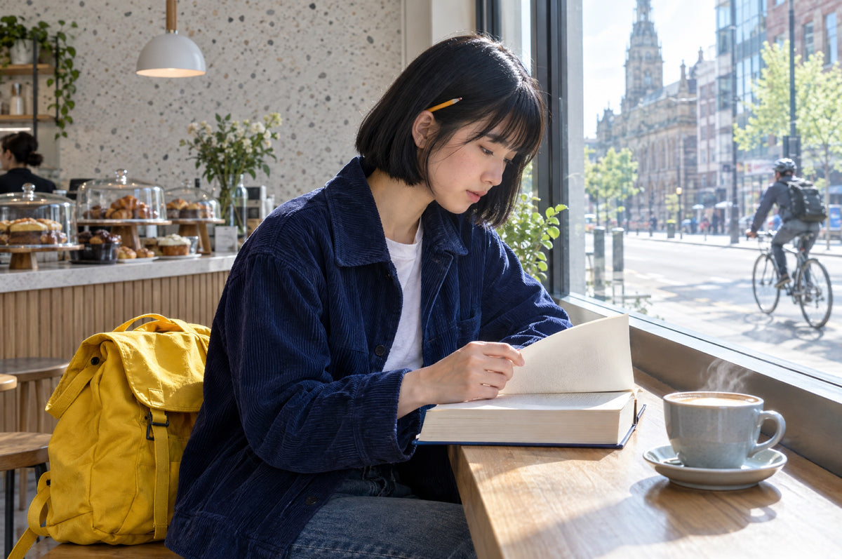 A young woman reads a hardback at a bright café window with a yellow rucksack beside her.