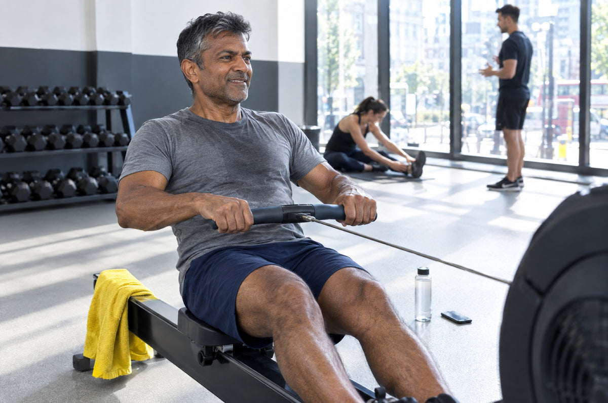 A man in navy shorts rows on a machine in a bright gym with a yellow towel over the rail.