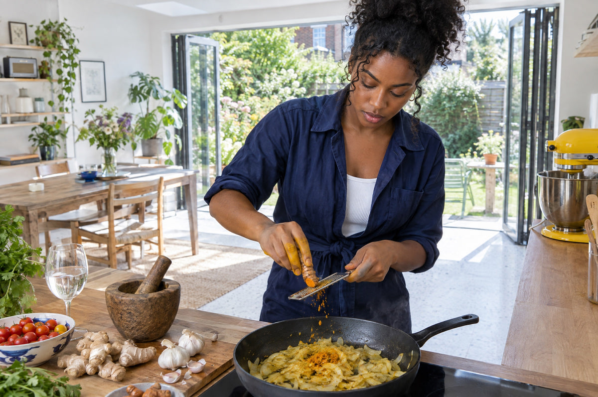 A young woman grates fresh turmeric root over a pan in a bright open-plan kitchen.