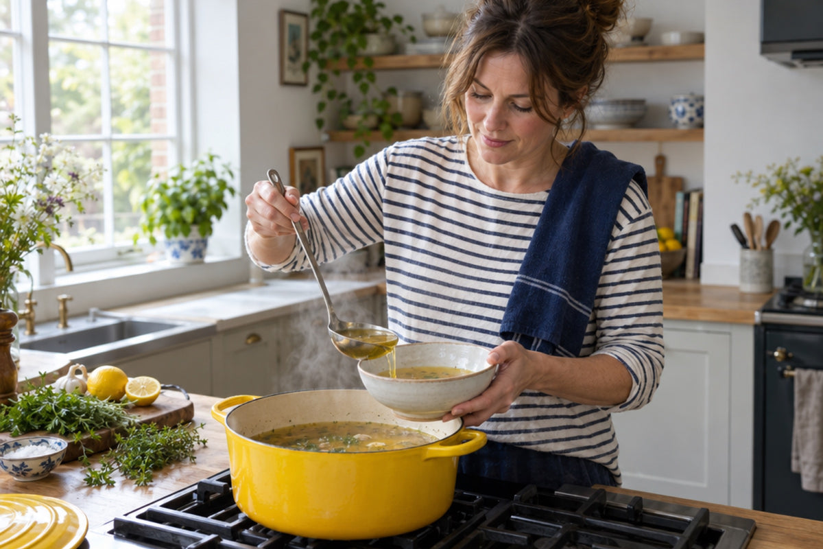 A woman in a striped shirt ladles golden bone broth from a yellow enamel casserole into a bowl, a navy tea towel over her shoulder.