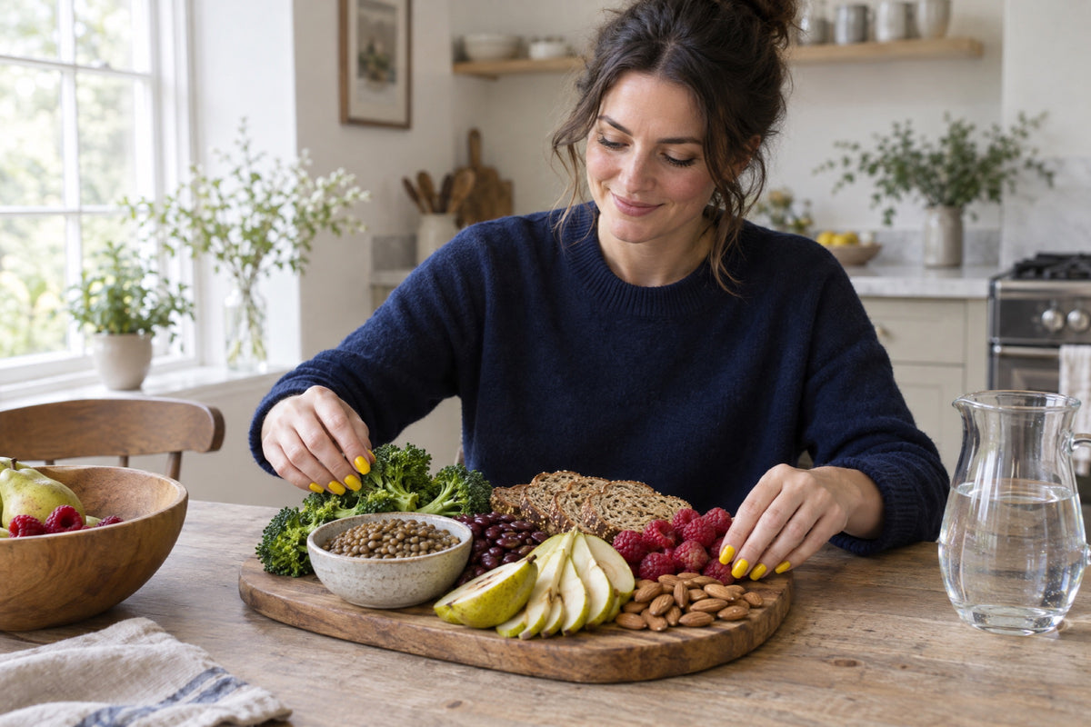 A woman in a navy jumper arranging broccoli, lentils, raspberries, almonds, pear and seeded bread on a wooden board, her nails painted yellow