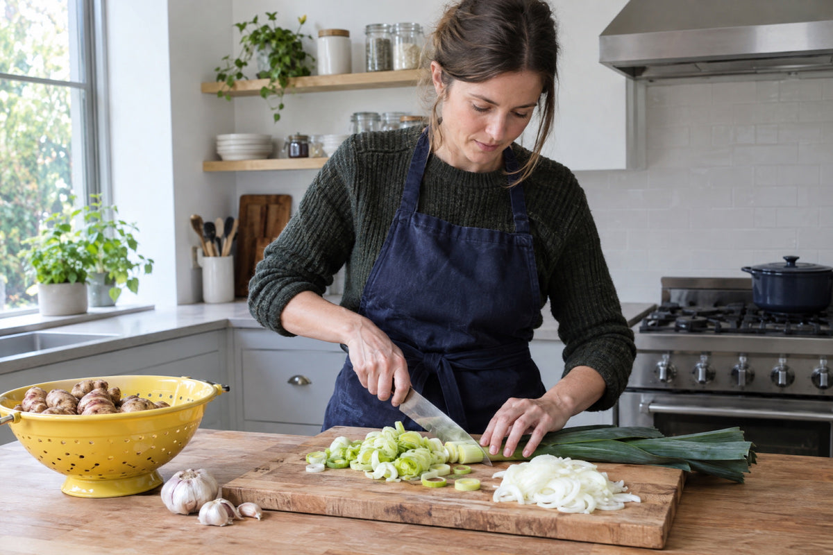A woman in a navy apron slicing leeks and onions on a wooden board in a bright modern kitchen, a yellow colander of Jerusalem artichokes and garlic beside her