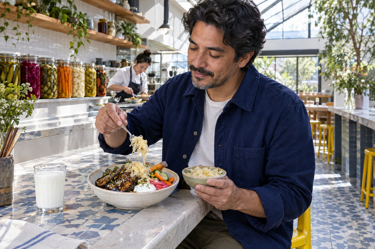 A man adds sauerkraut to a lunch bowl at a sunny café counter sitting on a yellow stool.