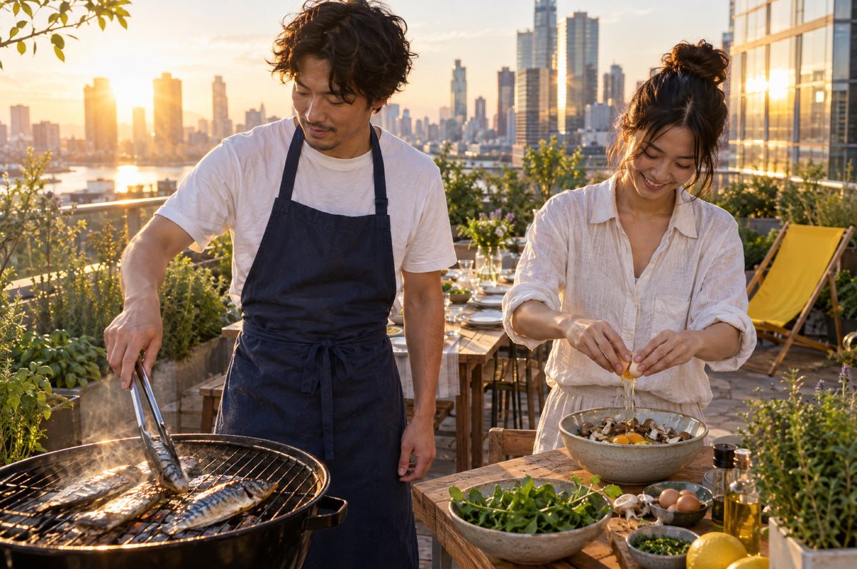 A man grills fish on a rooftop at sunset while a friend prepares salad beside a yellow deck chair.