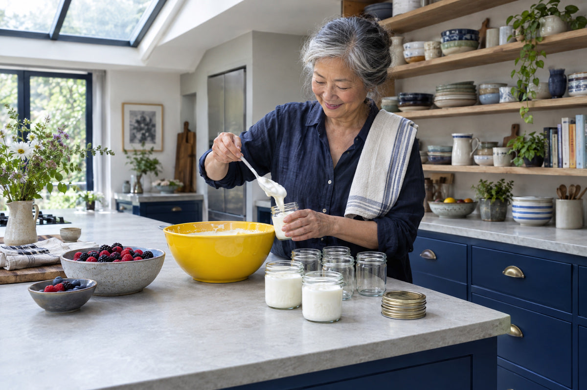 A woman spoons homemade yoghurt from a yellow bowl into jars at a navy kitchen island.