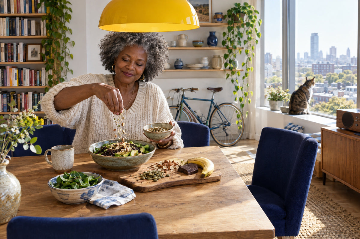 An older woman scatters seeds over a salad at a dining table under a yellow pendant lamp.