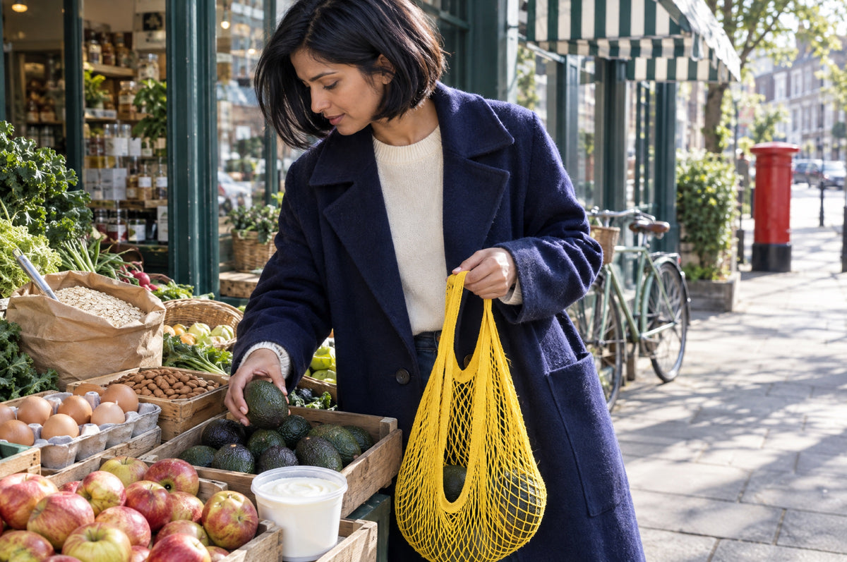 A woman in a navy coat chooses avocados, eggs and apples at a greengrocer's display, a yellow string bag in hand and a red post box down the street.