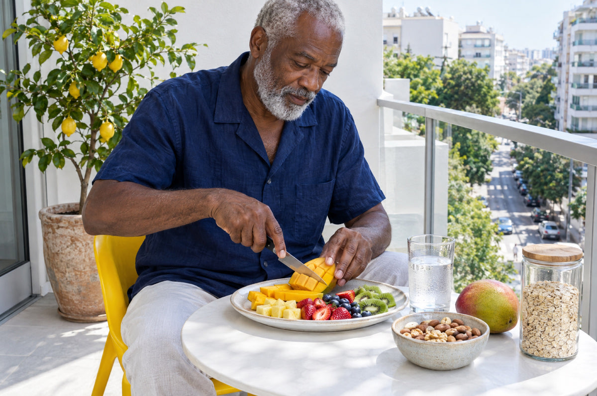 An older man slices fruit at a sunny balcony table sitting on a yellow chair.