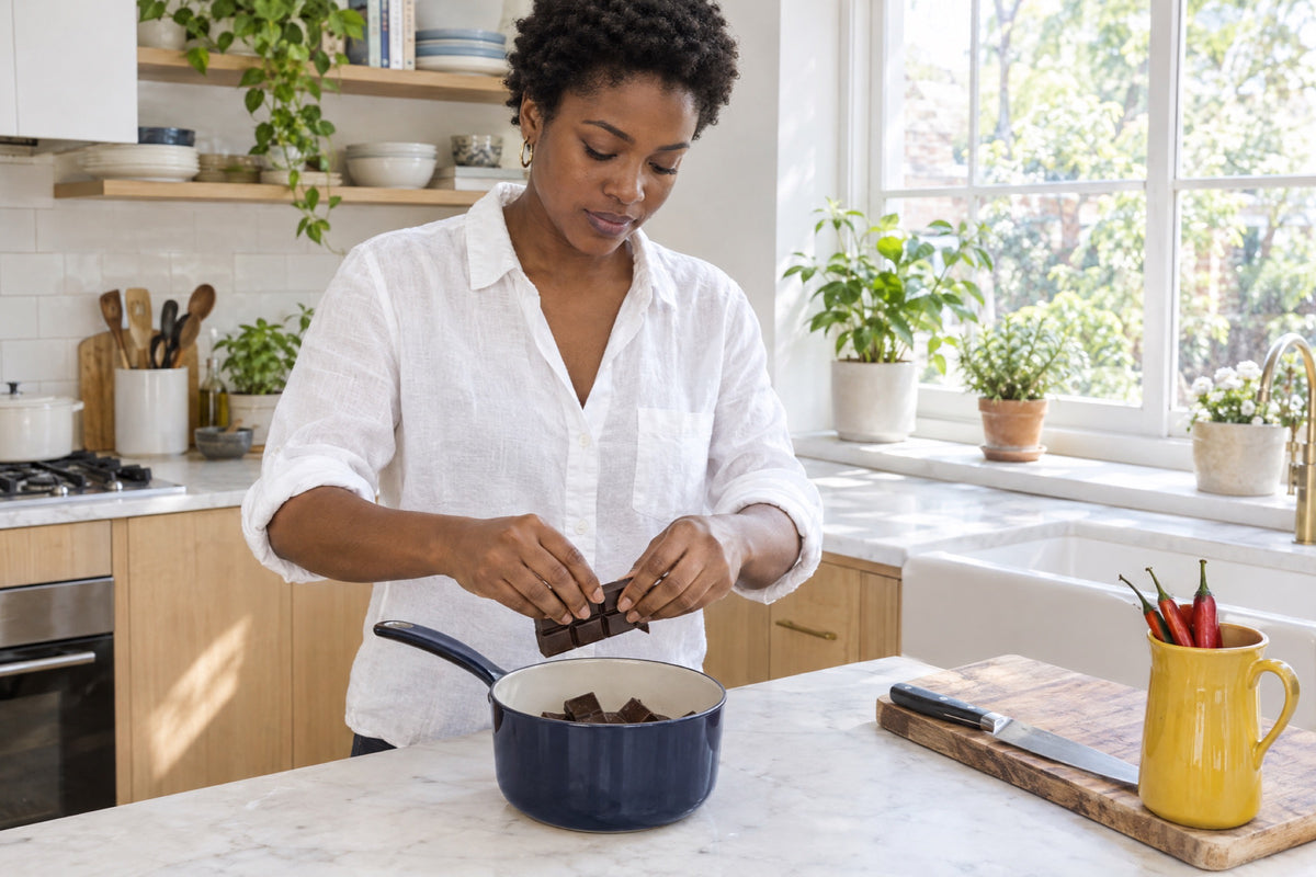 A woman in her late twenties breaks a bar of dark chocolate into a navy enamel saucepan at a bright marble kitchen counter, a yellow jug of red chillies beside her.