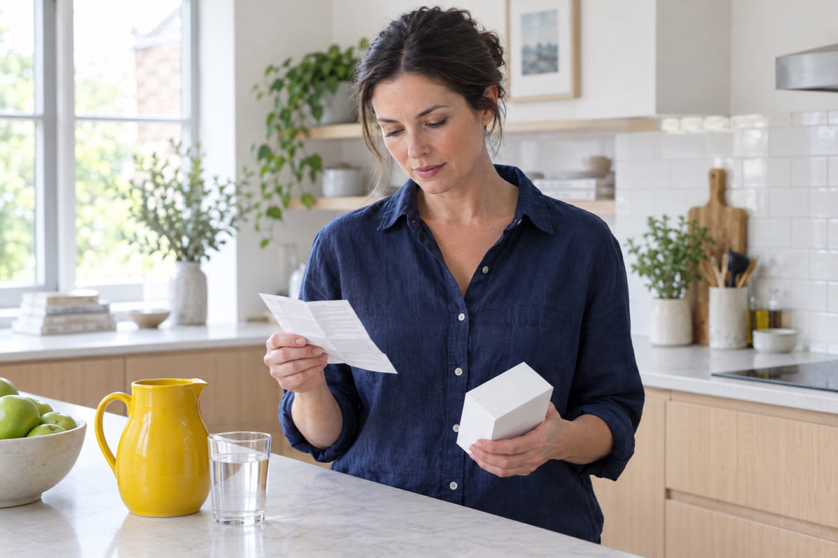 A woman in a navy linen shirt reads a leaflet beside a plain box in a bright kitchen, with a yellow jug and a bowl of green apples on the counter
