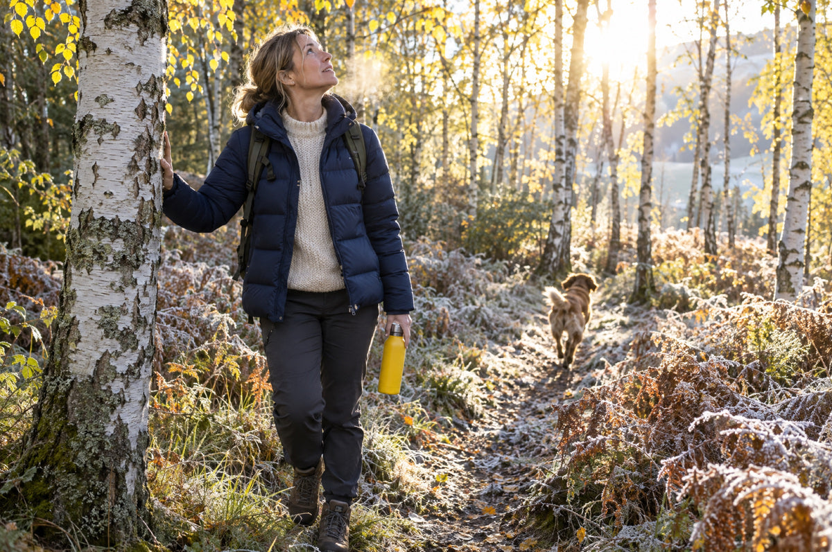 A woman rests a hand on a birch trunk on a sunlit woodland track holding a yellow flask.