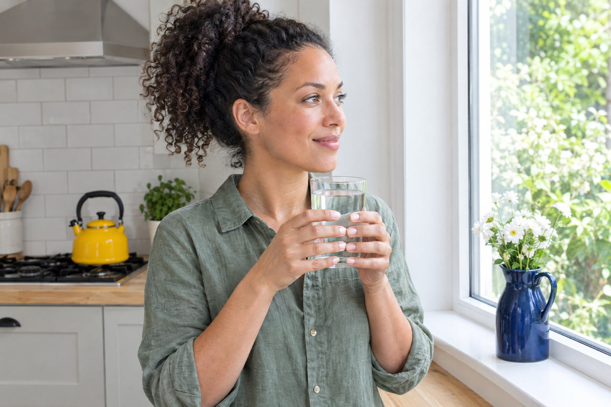 A woman holds a full glass of water in both hands at a bright kitchen window, a navy jug of white flowers on the sill and a yellow kettle on the hob behind her.