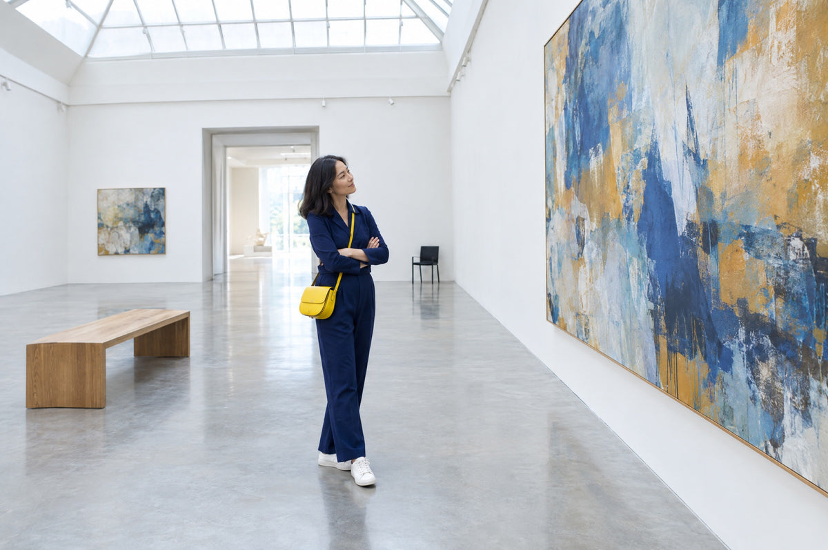 A woman studies a large abstract painting in a bright white gallery, a yellow bag at her hip.