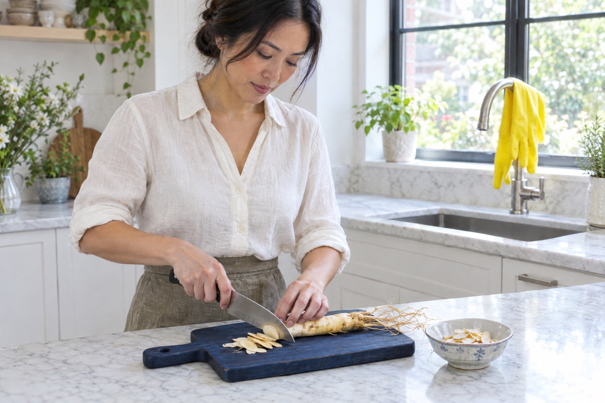 A woman slices a fresh pale ginseng root on a navy chopping board at a marble worktop in a bright kitchen, a pair of yellow washing-up gloves draped over the tap behind her.