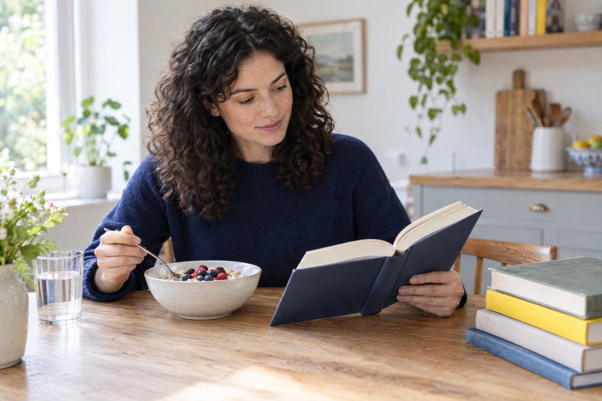 A woman in a navy jumper eating porridge with berries while reading a hardback book at a wooden table beside a stack of books