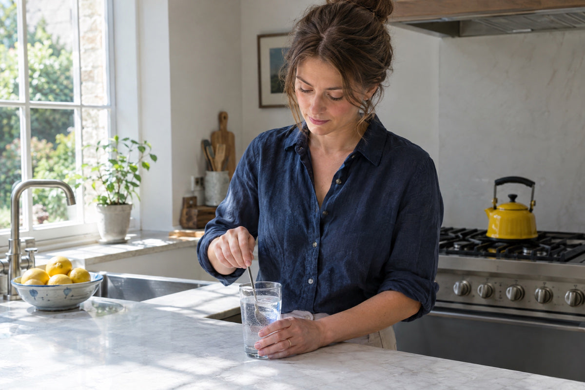 A woman in a navy linen shirt stirring a glass of water at a sunlit kitchen island, a yellow enamel kettle on the hob behind her and a bowl of lemons beside the sink