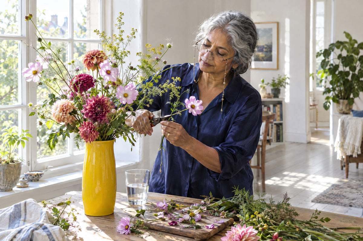 An older woman in a navy blouse arranges fresh flowers in a yellow vase by a sunny window.