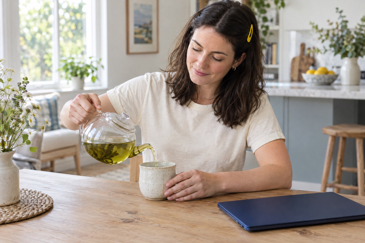 A woman with a yellow hair clip pours green tea from a glass teapot into a speckled cup at a wooden table, a closed navy laptop beside her