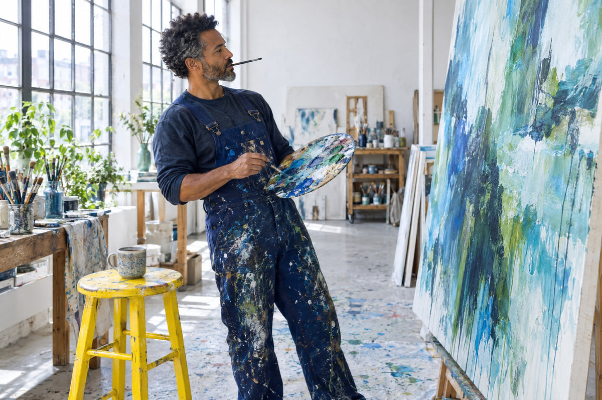 A man in navy overalls mixes paint in a bright studio beside a yellow stool.