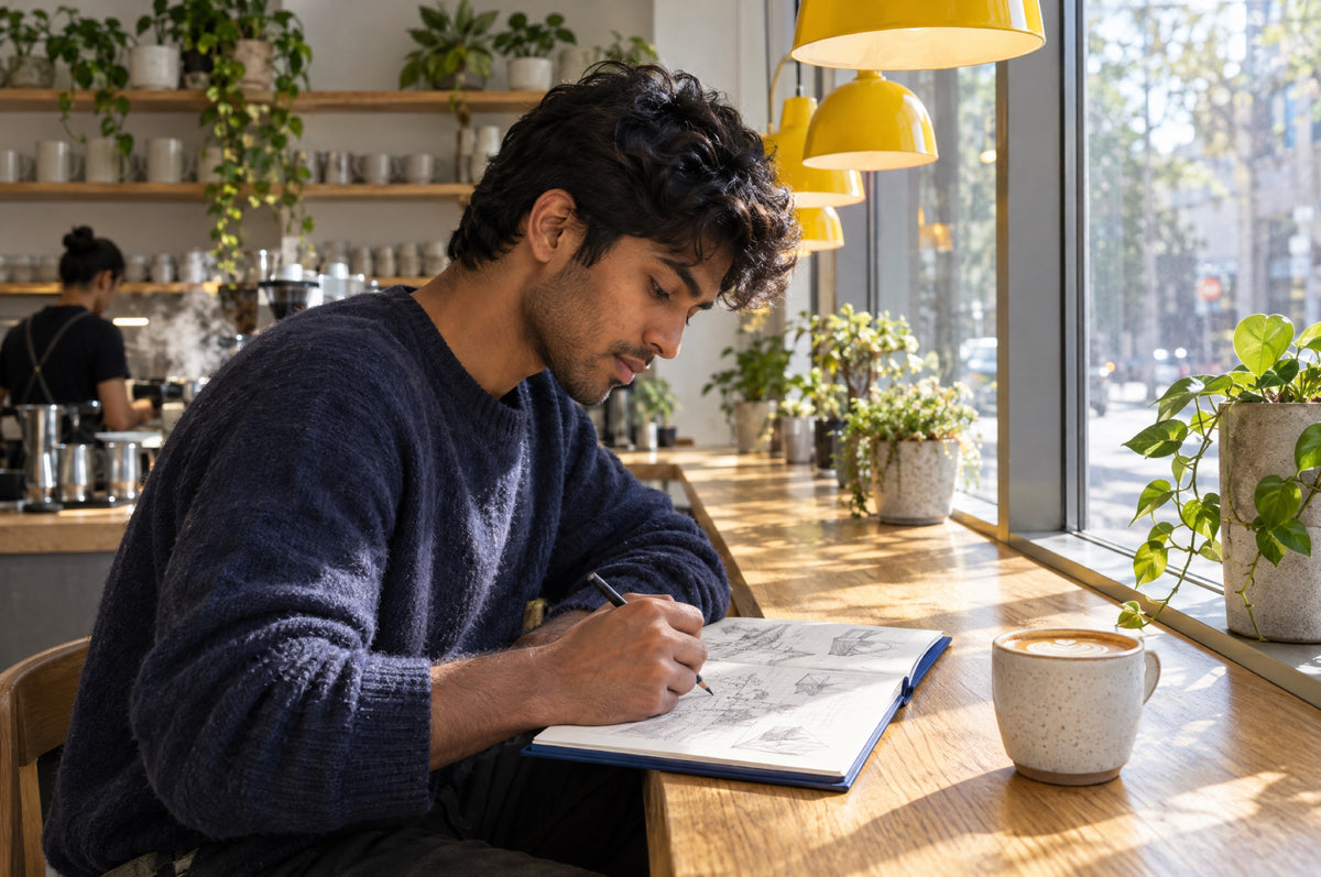 A young man sketches in a navy notebook at a café counter under yellow pendant lamps.
