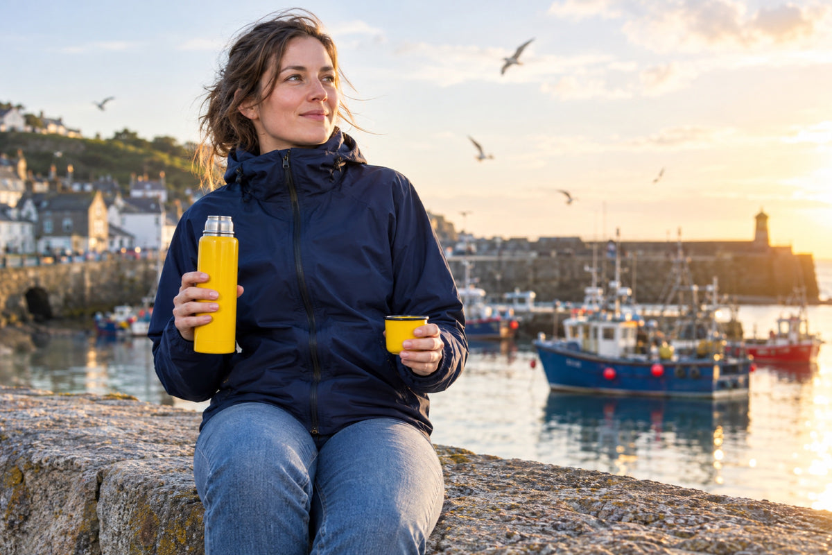 A British woman in her thirties sitting on a Cornish harbour wall at sunset in a navy rain jacket, a yellow enamel flask in one hand and its cup in the other, a fishing boat and gulls out of focus behind her
