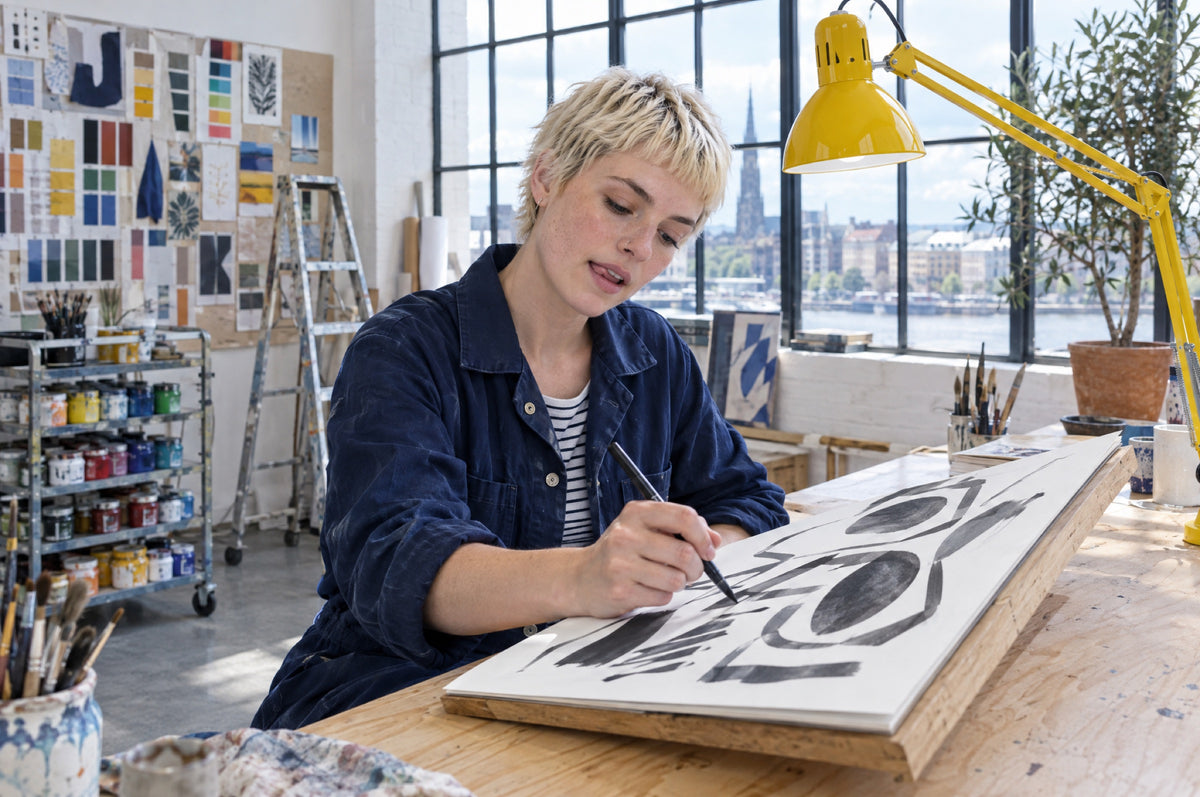 A young woman sketches at a plywood bench in a bright studio under a yellow desk lamp.