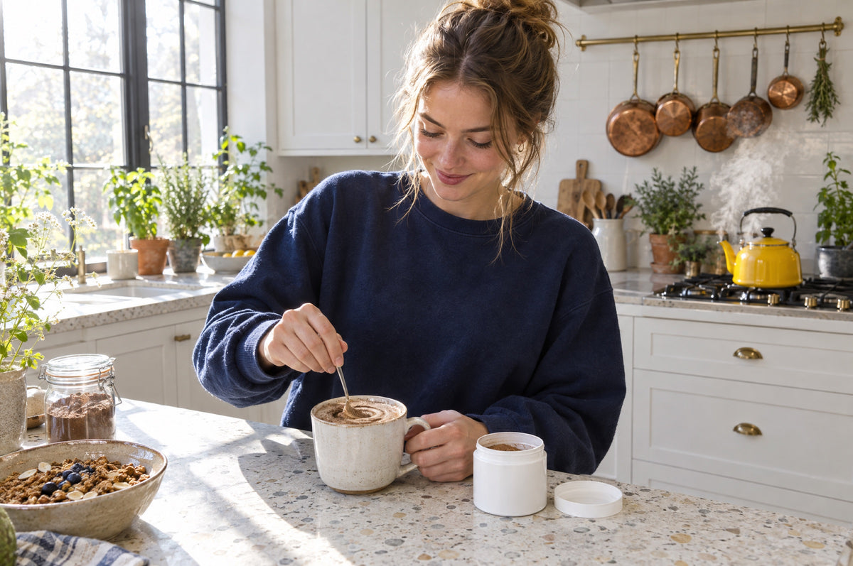 A young woman stirs powder into a frothy coffee in a bright kitchen with a yellow kettle behind her.