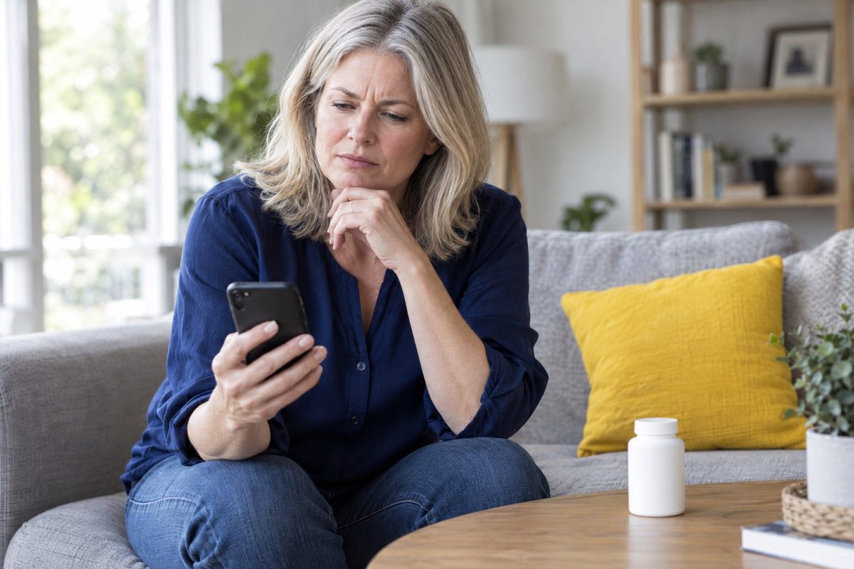 A sceptical midlife woman in a navy shirt frowns at her phone on a grey sofa, with a yellow cushion and a white supplement bottle on the coffee table