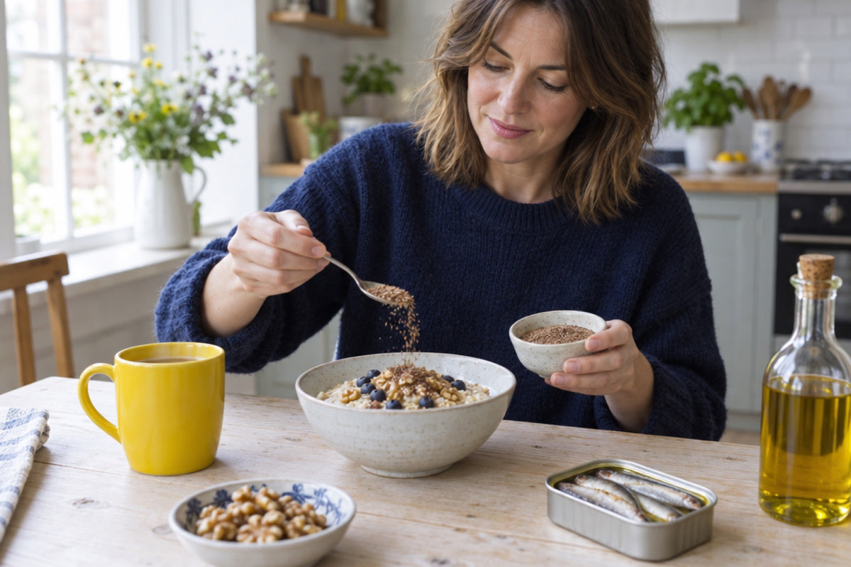 A woman in a navy jumper spoons flaxseed over a bowl of porridge at a bright kitchen table, a yellow mug, a dish of walnuts and a tin of sardines beside her.