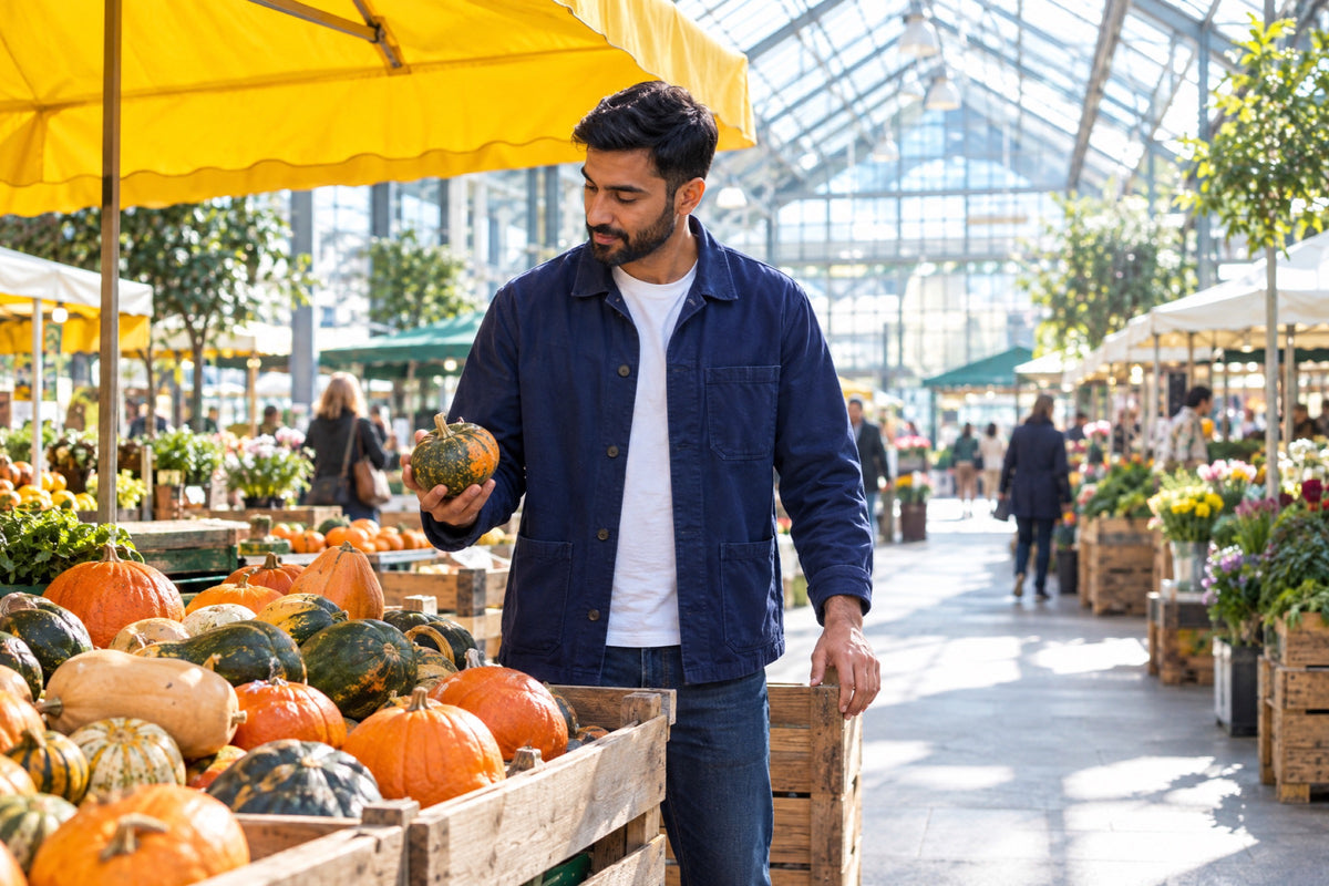 A man in a navy chore jacket holds a small green and orange pumpkin at a market stall piled with squashes, under a yellow awning in a bright glass-roofed market hall.