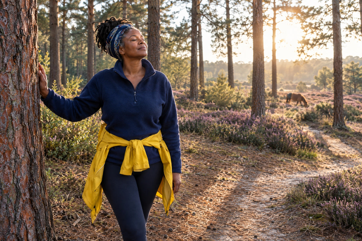 A woman with her eyes closed rests a hand on a pine trunk in golden evening light with a yellow jacket tied at her waist.