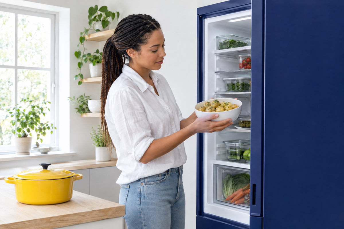 A British woman in her late twenties in a bright Scandinavian-style kitchen lifts a bowl of cooked potatoes from a fridge with a navy door, a yellow casserole dish on the counter and daylight from a wide window, both hands on the bowl