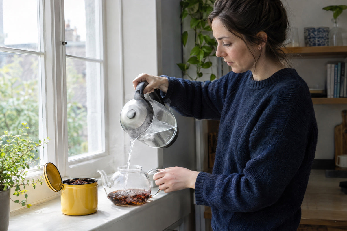 A woman in a navy jumper pouring hot water over red rooibos leaves in a glass teapot at a bright flat window, a yellow enamel tea caddy open on the sill beside her