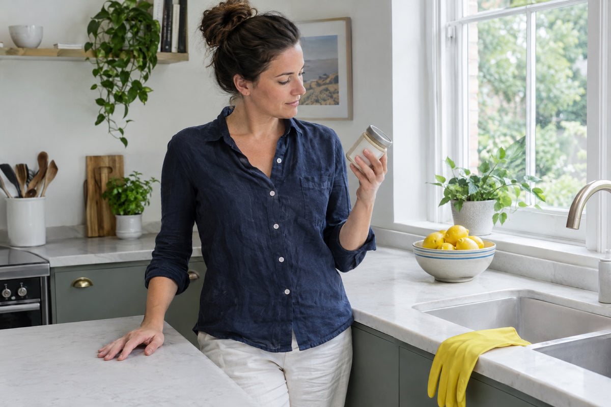 A British woman in a navy linen shirt reading the label on a small jar at a bright kitchen counter by a window, a bowl of lemons beside her and yellow washing-up gloves draped over the edge of the sink