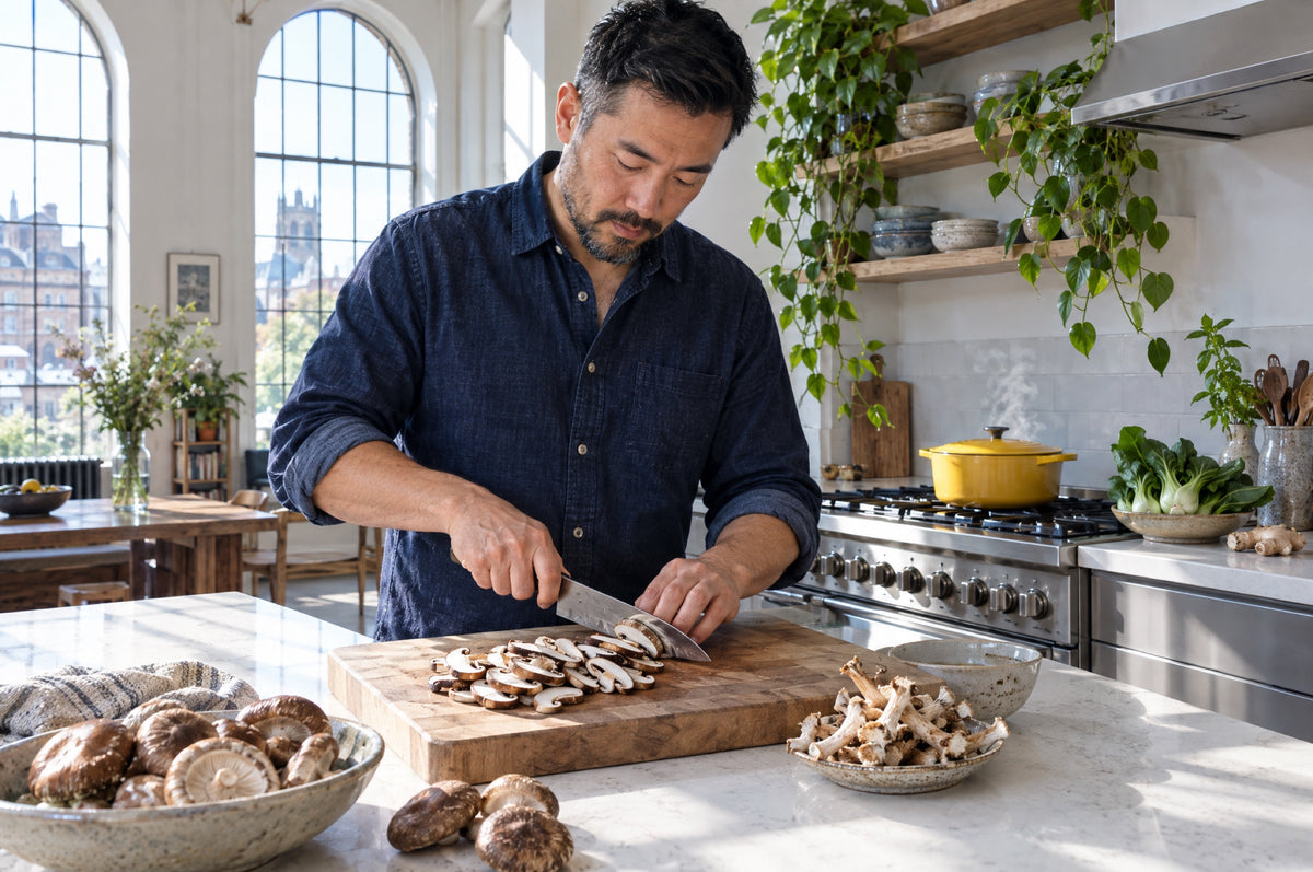A man slices fresh shiitake mushrooms on a kitchen island with a yellow casserole pot steaming on the hob behind him.