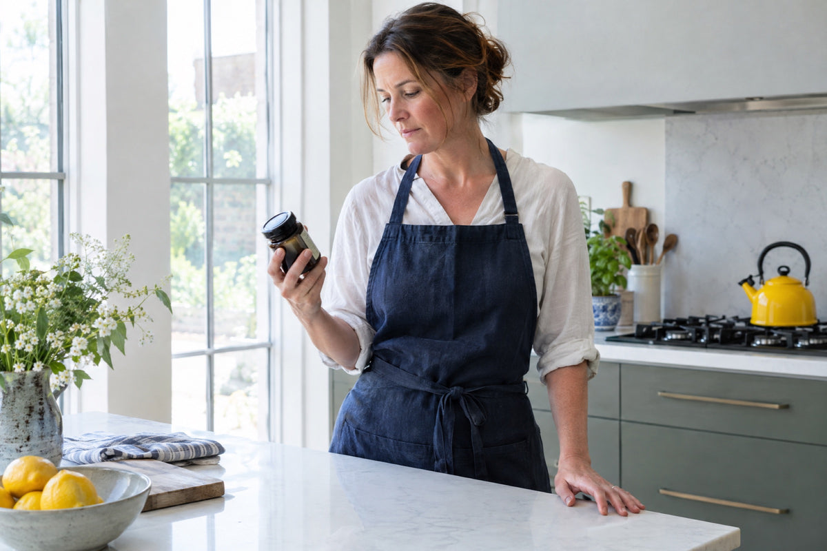 A British woman in her forties at a bright kitchen island reading the label on a small dark jar of resin, morning light through tall windows, a yellow kettle on the worktop behind her and a navy linen apron, both arms visible and relaxed
