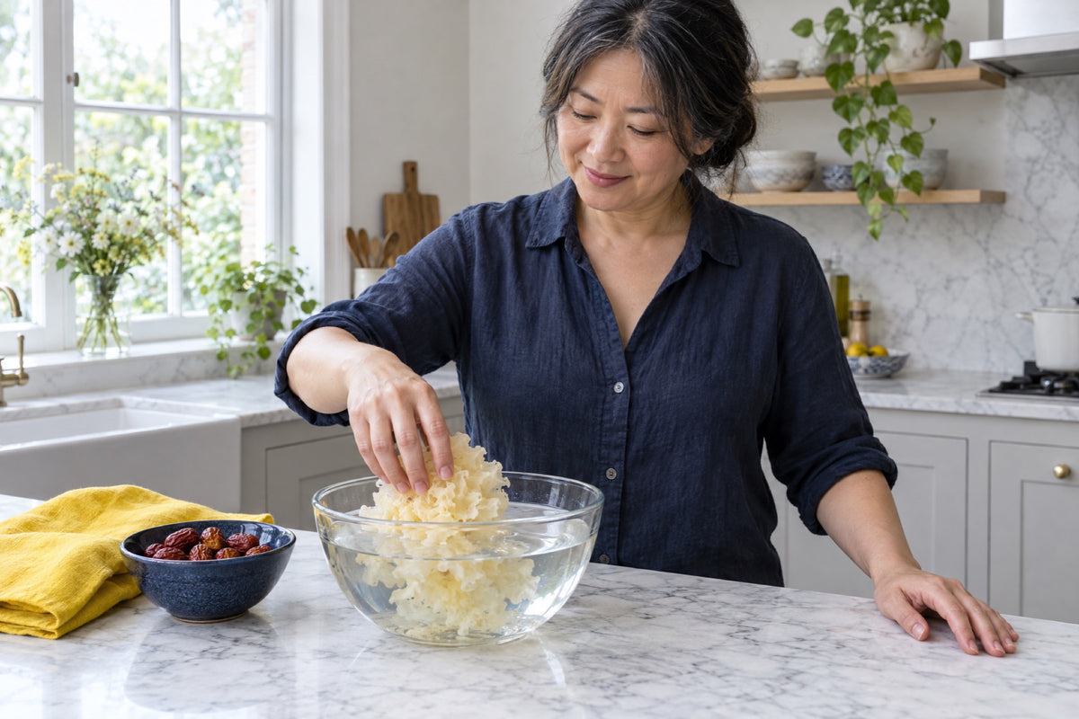 A woman lowers a dried white snow fungus into a glass bowl of water at a marble worktop, the pale fronds starting to unfurl, a navy bowl of dried red dates and a yellow linen cloth beside it.