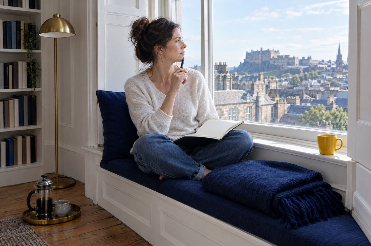 A woman with a notebook sits on a bright window seat with a navy throw and a yellow mug beside her.