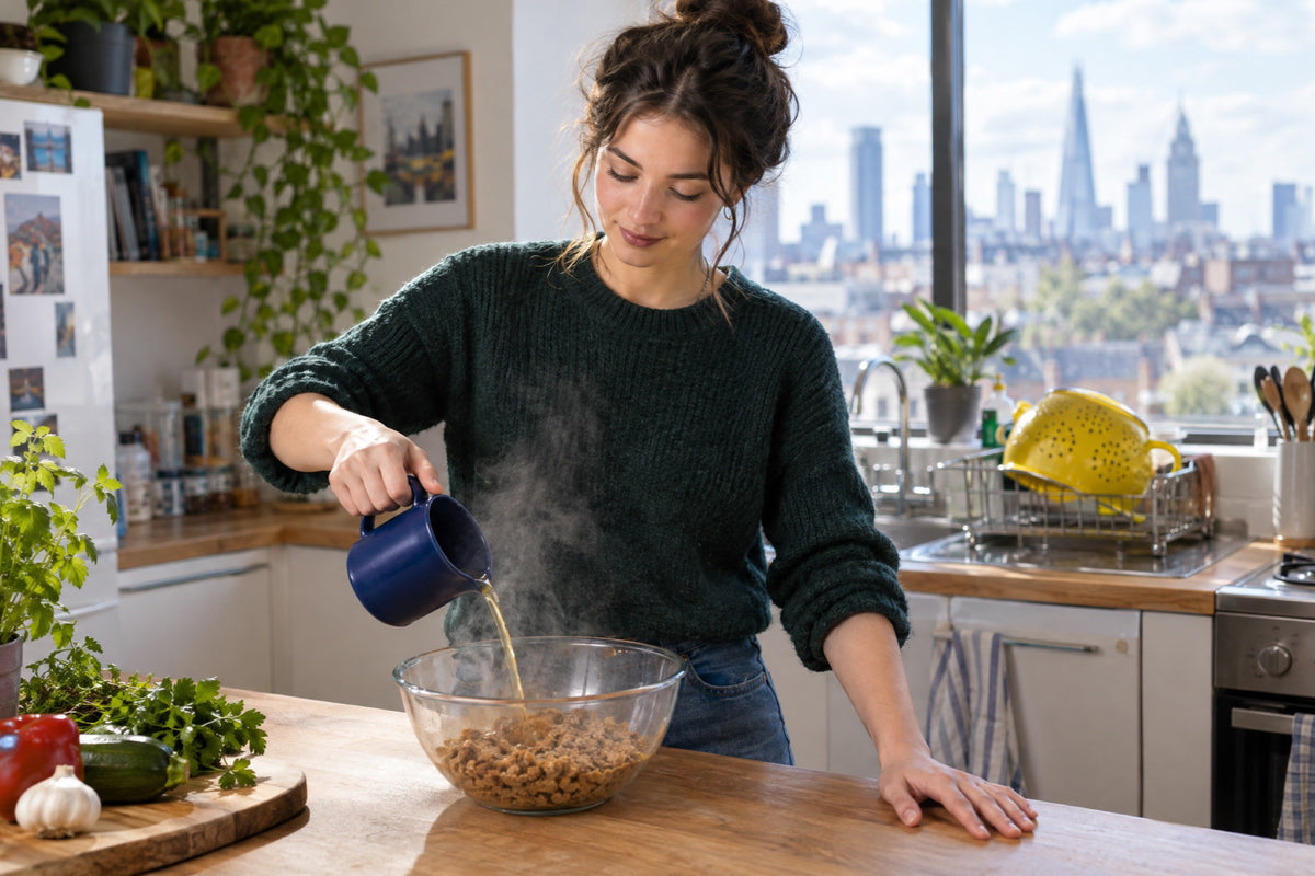 A woman in her twenties in a bright shared-house kitchen pouring hot stock from a navy jug over dry soya mince in a glass bowl, steam in the window light, a yellow colander drying on the rack behind her, her other hand resting on the worktop