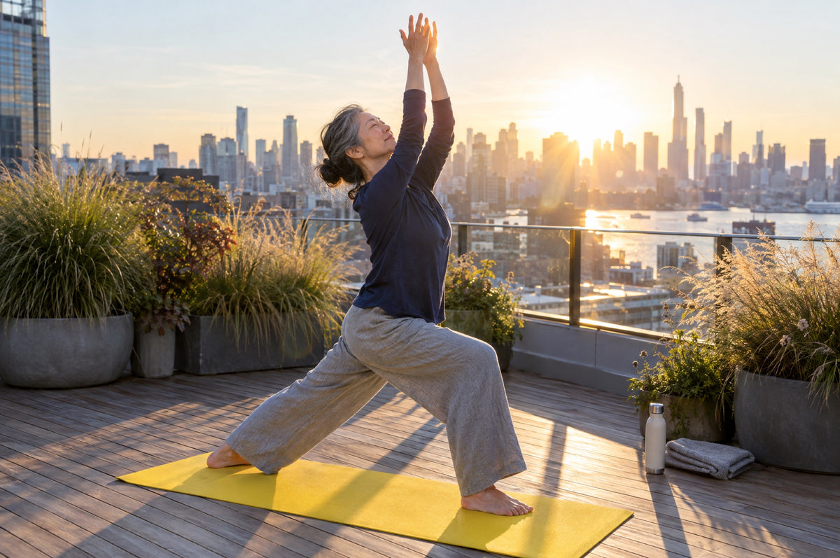 An older woman stretches on a yellow yoga mat on a rooftop terrace at sunrise.