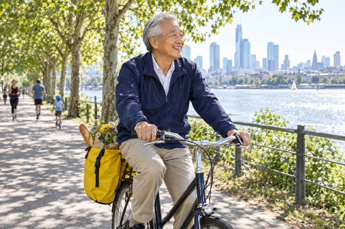 An older man cycles along a sunny tree-lined path with a yellow pannier bag on his bicycle.