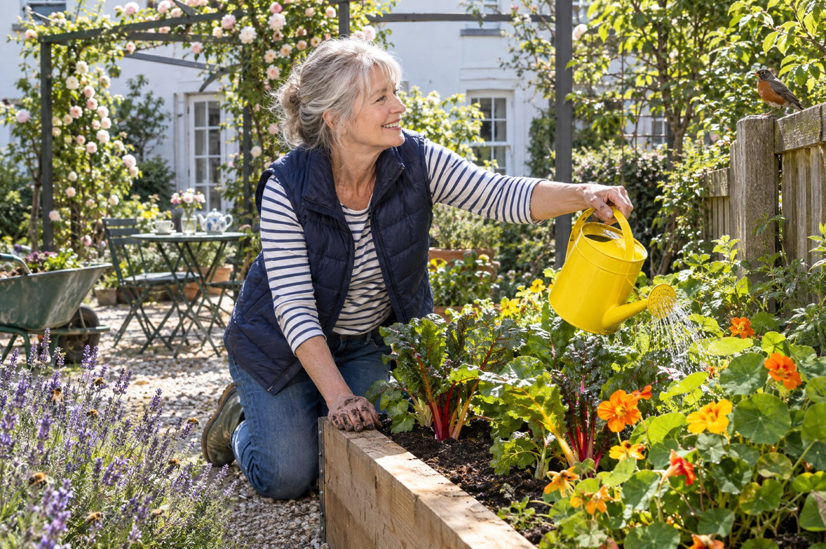 An older woman waters a raised bed with a yellow watering can in a sunny city garden.