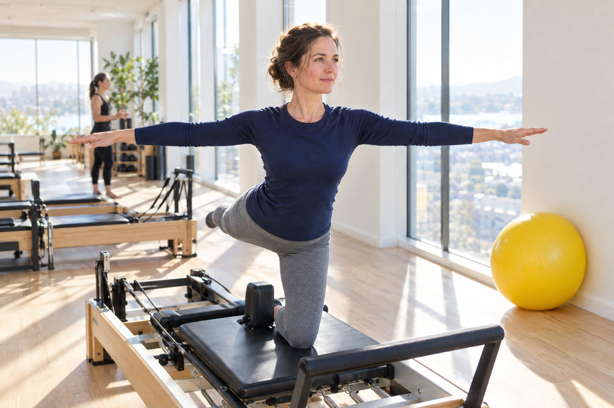 A woman in a navy top balances on a reformer in a sunlit pilates studio with a yellow exercise ball nearby.